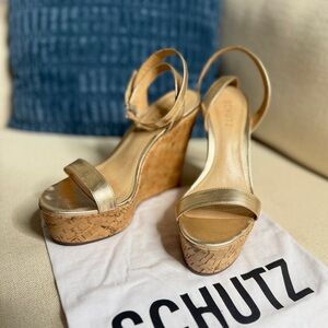 Schutz Gold Wedge Platform Sandals